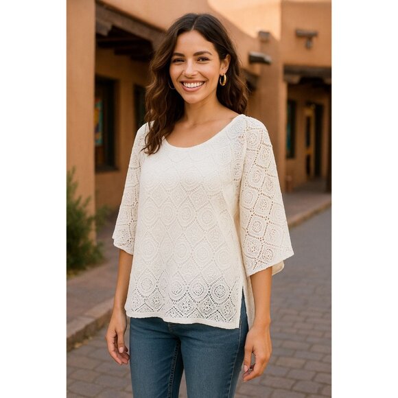 Ivy Ridge White Crochet Lace Blouse With Open Back Flutter Sleeves Boho Style LG - Picture 3 of 10